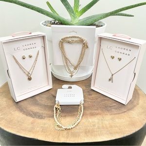 NWT LC Lauren Conrad, gold A & heart sets and crystal and star bracelets